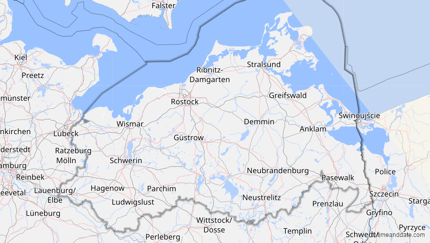 A map of Mecklenburg-Vorpommern, Deutschland, showing the path of the 3. Jul 2065 Partielle Sonnenfinsternis