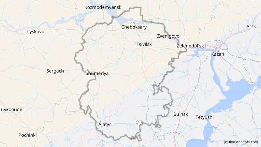 A map of Tschuwaschien, Russland, showing the path of the 3. Jul 2065 Partielle Sonnenfinsternis