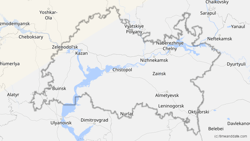 A map of Tatarstan, Russland, showing the path of the 3. Jul 2065 Partielle Sonnenfinsternis
