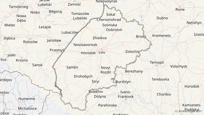 A map of Lwiw, Ukraine, showing the path of the 3. Jul 2065 Partielle Sonnenfinsternis