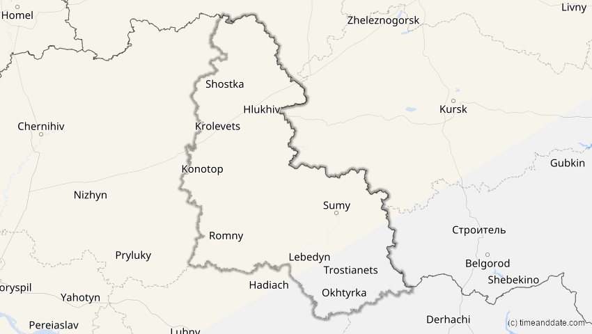 A map of Sumy, Ukraine, showing the path of the 3. Jul 2065 Partielle Sonnenfinsternis