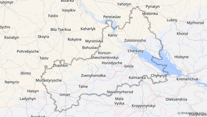 A map of Tscherkassy, Ukraine, showing the path of the 3. Jul 2065 Partielle Sonnenfinsternis