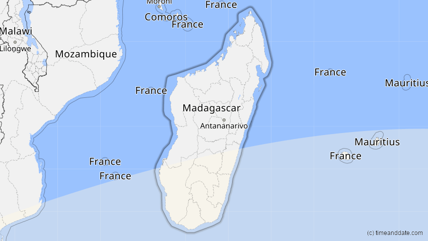 A map of Madagaskar, showing the path of the 2. Aug 2065 Partielle Sonnenfinsternis