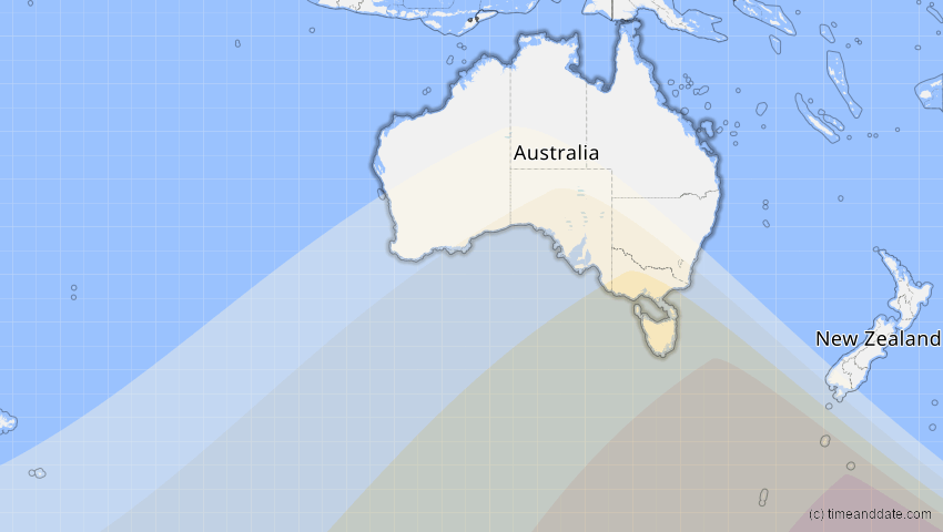 A map of Australien, showing the path of the 27. Dez 2065 Partielle Sonnenfinsternis