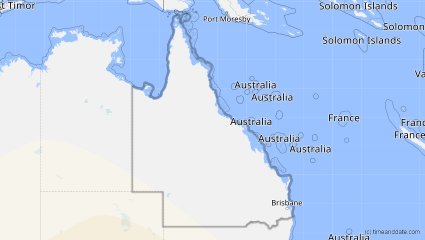 A map of Queensland, Australien, showing the path of the 27. Dez 2065 Partielle Sonnenfinsternis