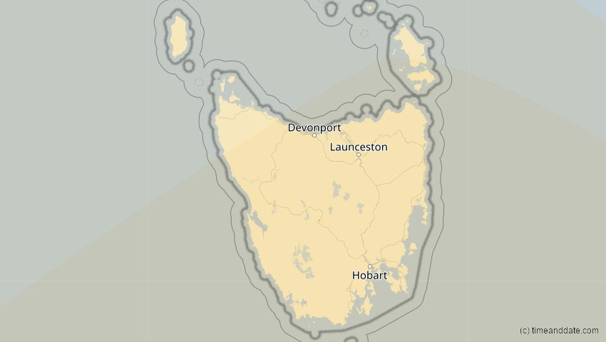 A map of Tasmanien, Australien, showing the path of the 27. Dez 2065 Partielle Sonnenfinsternis
