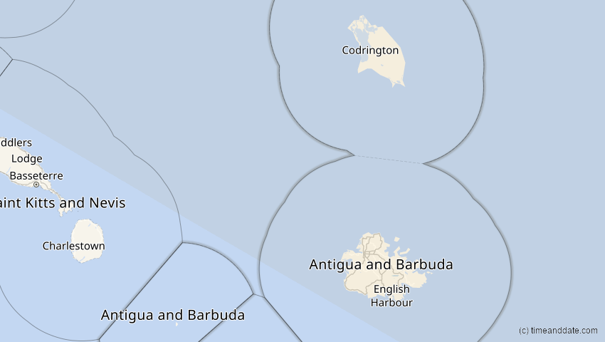 A map of Antigua und Barbuda, showing the path of the 22. Jun 2066 Ringförmige Sonnenfinsternis