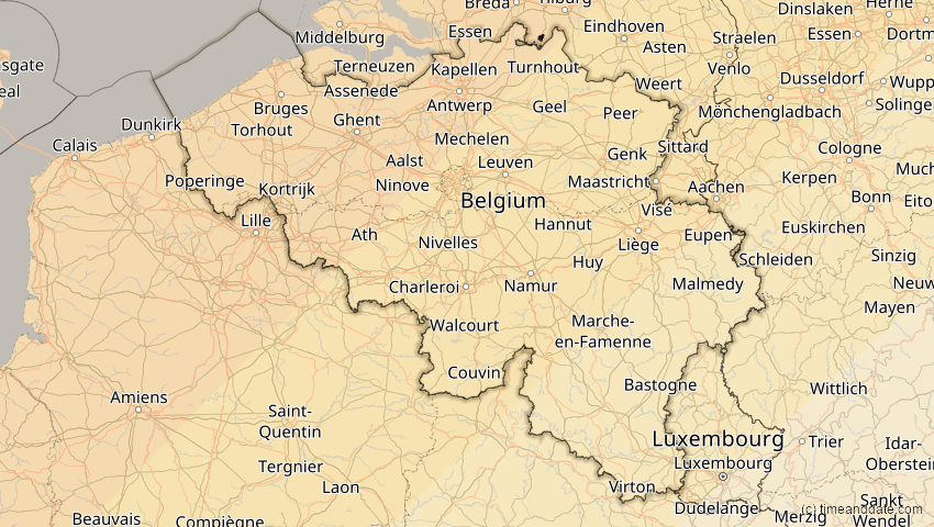 A map of Belgien, showing the path of the 22–23. Jun 2066 Ringförmige Sonnenfinsternis