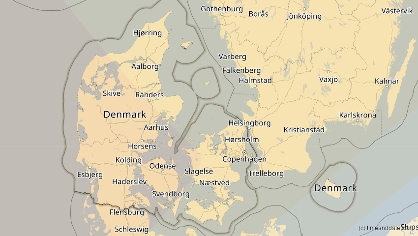 A map of Dänemark, showing the path of the 22–23. Jun 2066 Ringförmige Sonnenfinsternis