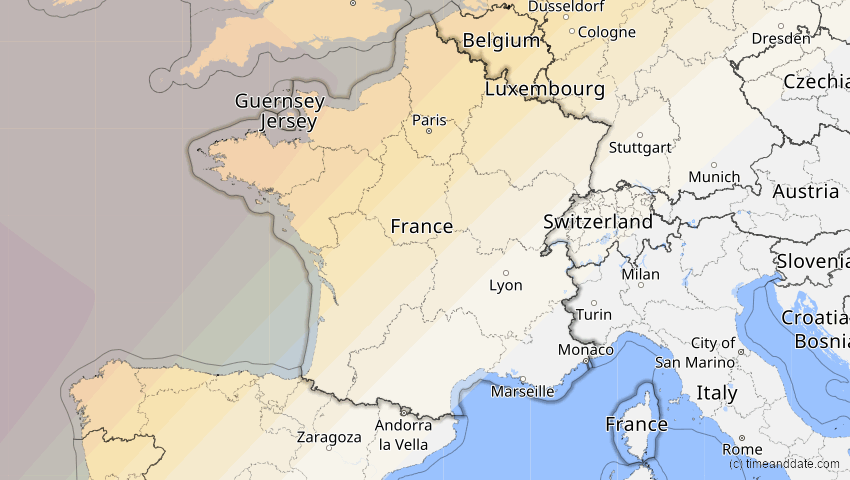 A map of Frankreich, showing the path of the 22–23. Jun 2066 Ringförmige Sonnenfinsternis