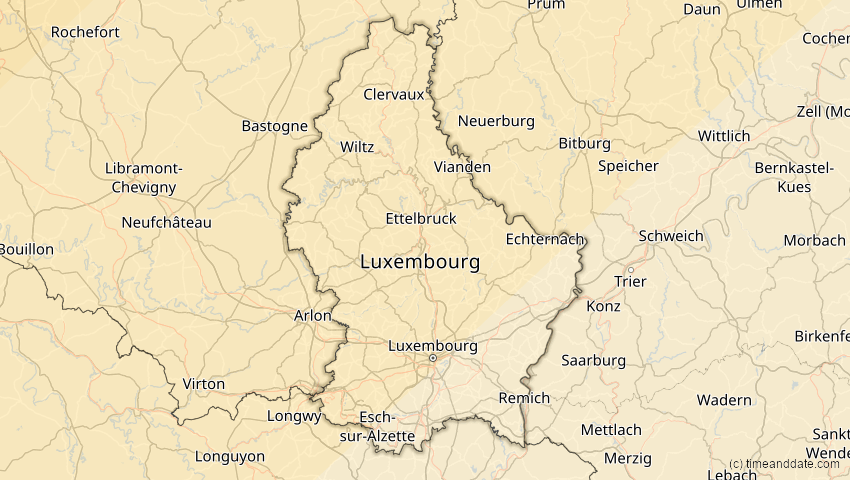 A map of Luxemburg, showing the path of the 22–23. Jun 2066 Ringförmige Sonnenfinsternis
