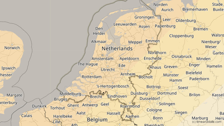 A map of Niederlande, showing the path of the 22–23. Jun 2066 Ringförmige Sonnenfinsternis