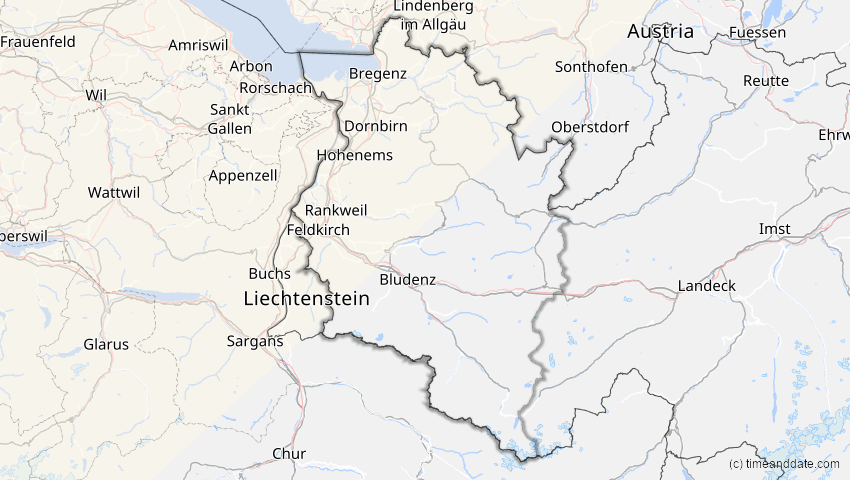 A map of Vorarlberg, Österreich, showing the path of the 22–23. Jun 2066 Ringförmige Sonnenfinsternis