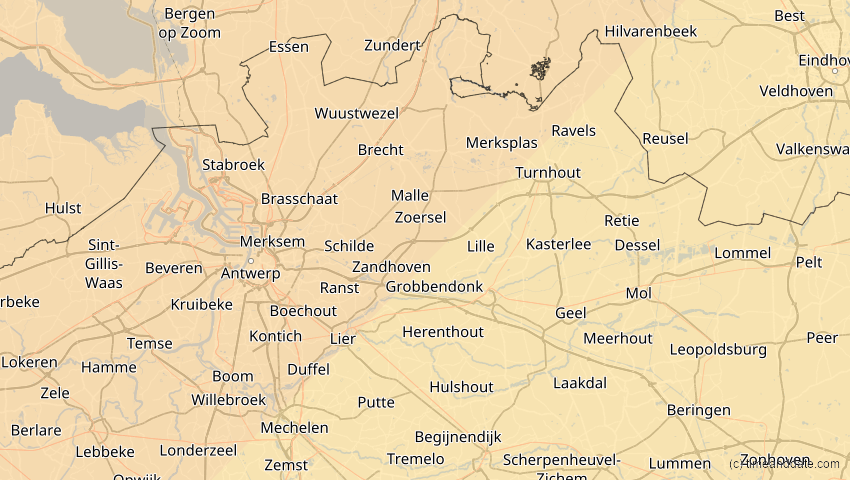 A map of Antwerpen, Belgien, showing the path of the 22–23. Jun 2066 Ringförmige Sonnenfinsternis