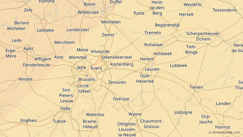 A map of Flämisch-Brabant, Belgien, showing the path of the 22–23. Jun 2066 Ringförmige Sonnenfinsternis