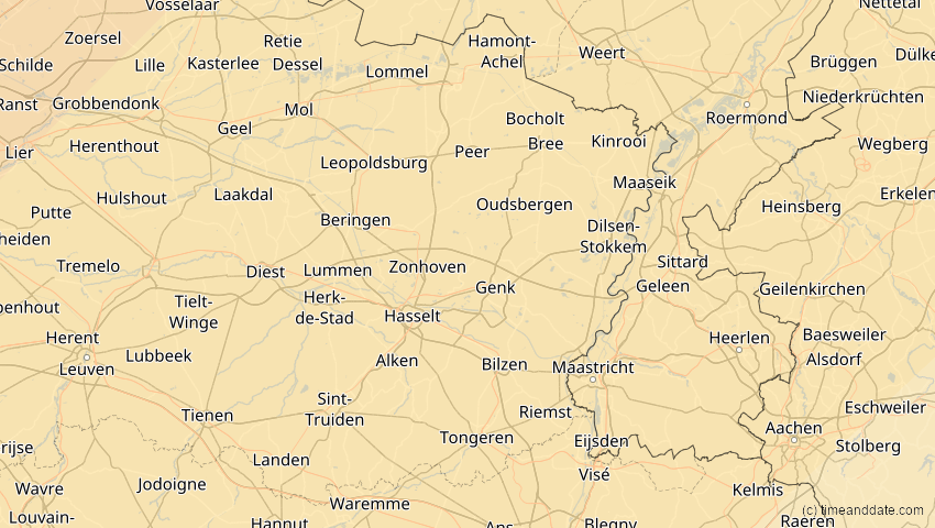 A map of Limburg, Belgien, showing the path of the 22–23. Jun 2066 Ringförmige Sonnenfinsternis