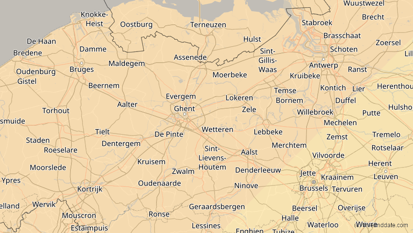 A map of Ostflandern, Belgien, showing the path of the 22–23. Jun 2066 Ringförmige Sonnenfinsternis
