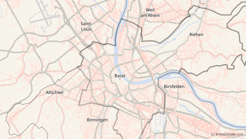A map of Basel-Stadt, Schweiz, showing the path of the 22–23. Jun 2066 Ringförmige Sonnenfinsternis