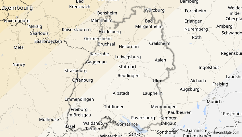 A map of Baden-Württemberg, Deutschland, showing the path of the 22–23. Jun 2066 Ringförmige Sonnenfinsternis