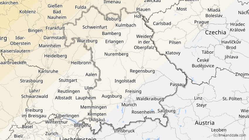 A map of Bayern, Deutschland, showing the path of the 22–23. Jun 2066 Ringförmige Sonnenfinsternis