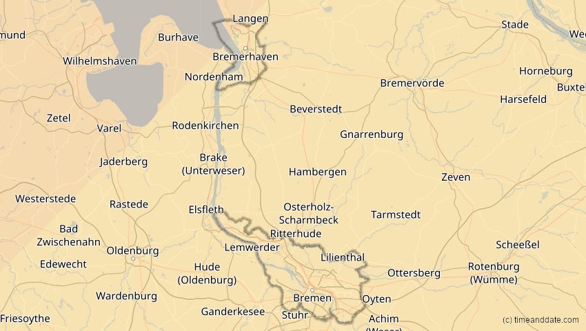 A map of Bremen, Deutschland, showing the path of the 22–23. Jun 2066 Ringförmige Sonnenfinsternis