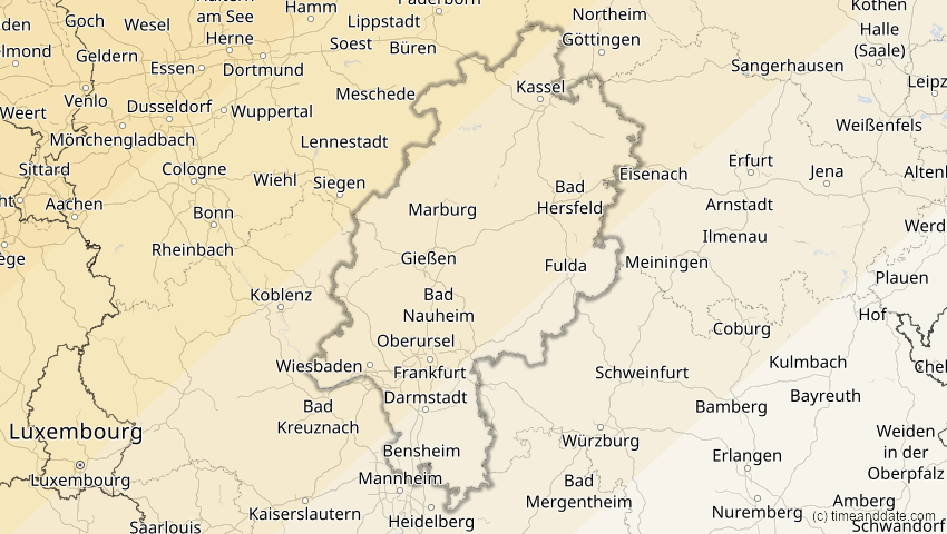 A map of Hessen, Deutschland, showing the path of the 22–23. Jun 2066 Ringförmige Sonnenfinsternis