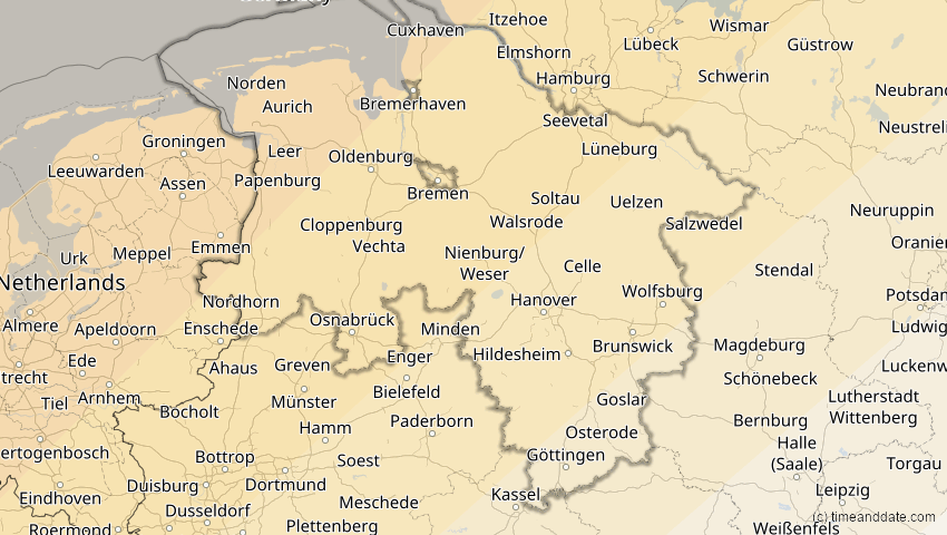 A map of Niedersachsen, Deutschland, showing the path of the 22–23. Jun 2066 Ringförmige Sonnenfinsternis