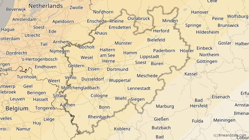 A map of Nordrhein-Westfalen, Deutschland, showing the path of the 22–23. Jun 2066 Ringförmige Sonnenfinsternis