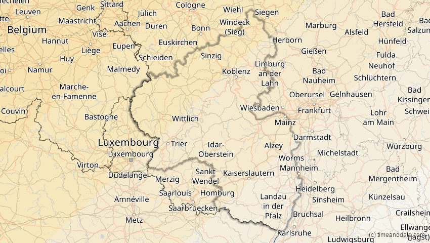 A map of Rheinland-Pfalz, Deutschland, showing the path of the 22–23. Jun 2066 Ringförmige Sonnenfinsternis