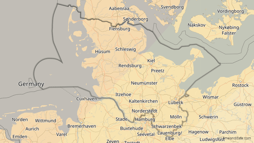 A map of Schleswig-Holstein, Deutschland, showing the path of the 22–23. Jun 2066 Ringförmige Sonnenfinsternis