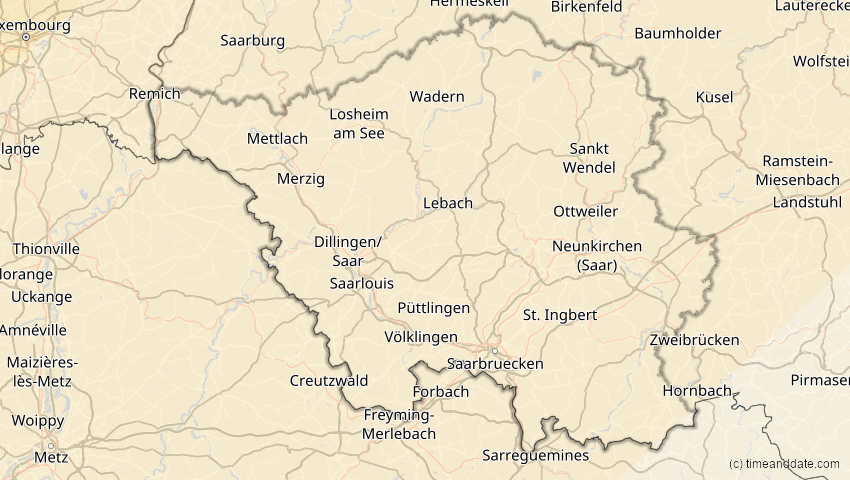 A map of Saarland, Deutschland, showing the path of the 22–23. Jun 2066 Ringförmige Sonnenfinsternis