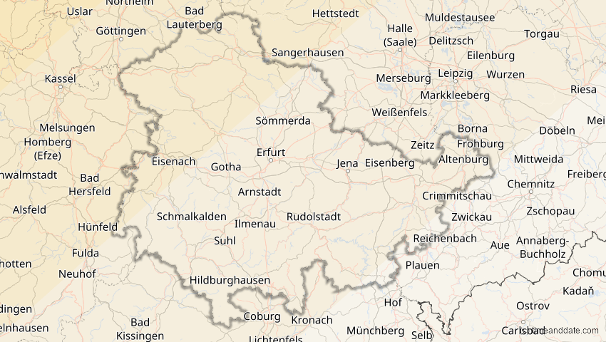 A map of Thüringen, Deutschland, showing the path of the 22–23. Jun 2066 Ringförmige Sonnenfinsternis