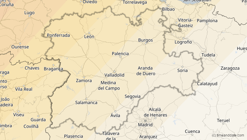 A map of Kastilien und León, Spanien, showing the path of the 22–23. Jun 2066 Ringförmige Sonnenfinsternis