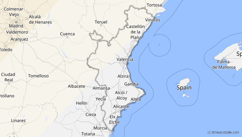 A map of Valencia, Spanien, showing the path of the 22–23. Jun 2066 Ringförmige Sonnenfinsternis