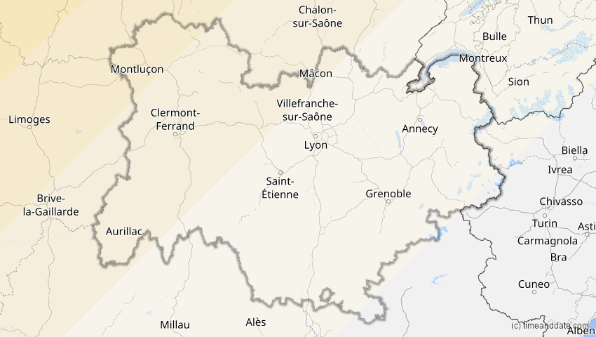 A map of Auvergne-Rhône-Alpes, Frankreich, showing the path of the 22–23. Jun 2066 Ringförmige Sonnenfinsternis