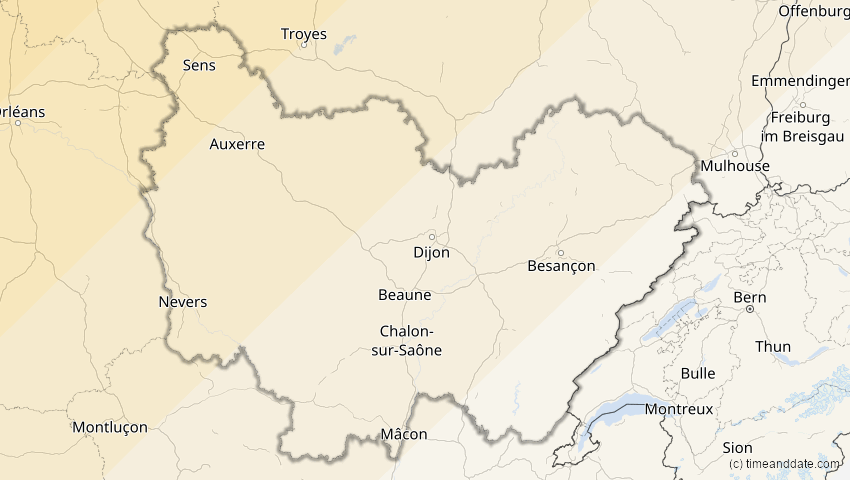 A map of Bourgogne-Franche-Comté, Frankreich, showing the path of the 22–23. Jun 2066 Ringförmige Sonnenfinsternis