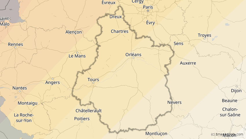 A map of Centre-Val de Loire, Frankreich, showing the path of the 22–23. Jun 2066 Ringförmige Sonnenfinsternis