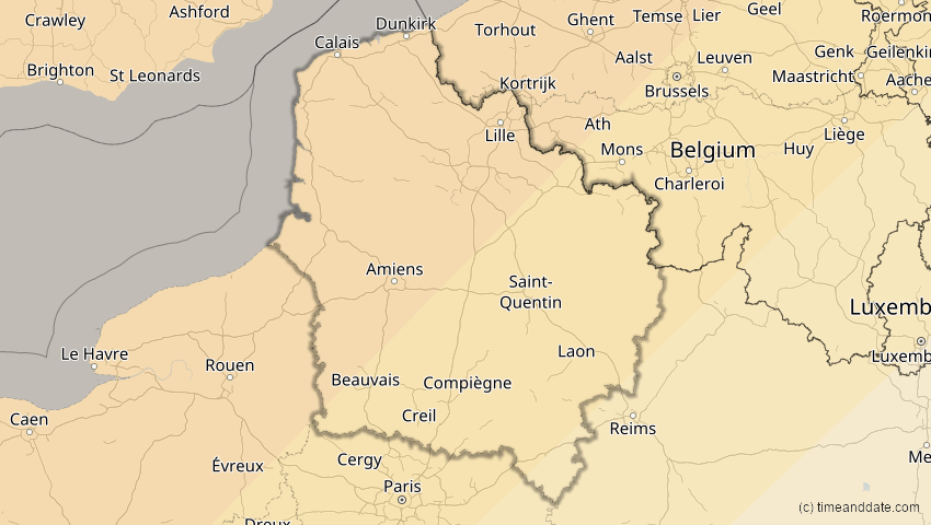 A map of Hauts-de-France, Frankreich, showing the path of the 22–23. Jun 2066 Ringförmige Sonnenfinsternis