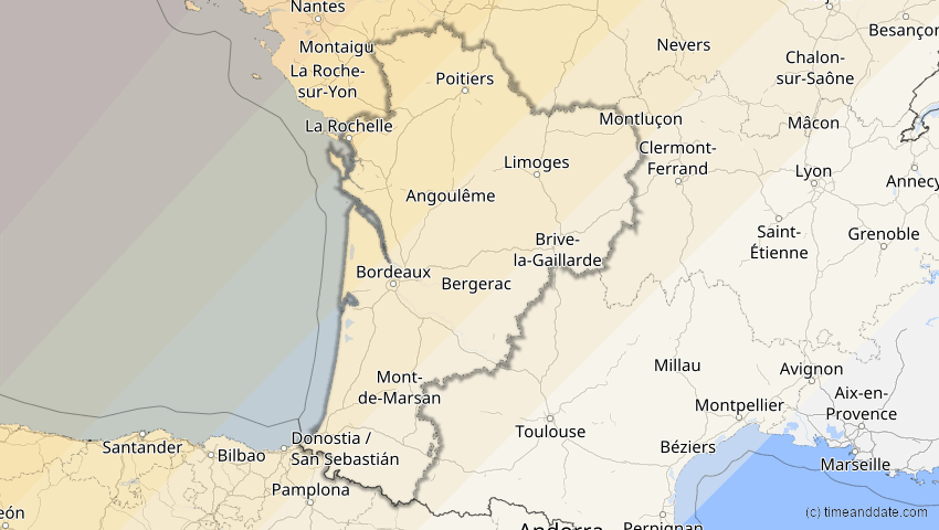 A map of Nouvelle-Aquitaine, Frankreich, showing the path of the 22–23. Jun 2066 Ringförmige Sonnenfinsternis
