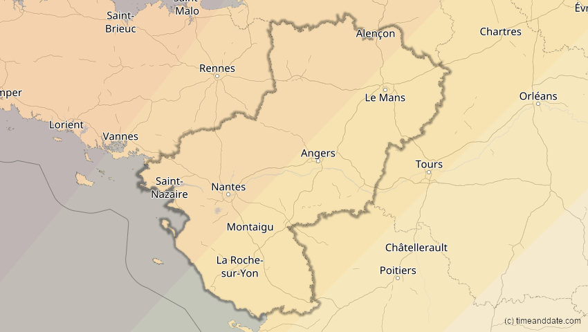 A map of Pays de la Loire, Frankreich, showing the path of the 22–23. Jun 2066 Ringförmige Sonnenfinsternis