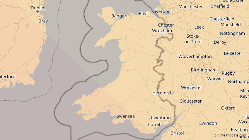 A map of Wales, Großbritannien, showing the path of the 22. Jun 2066 Ringförmige Sonnenfinsternis