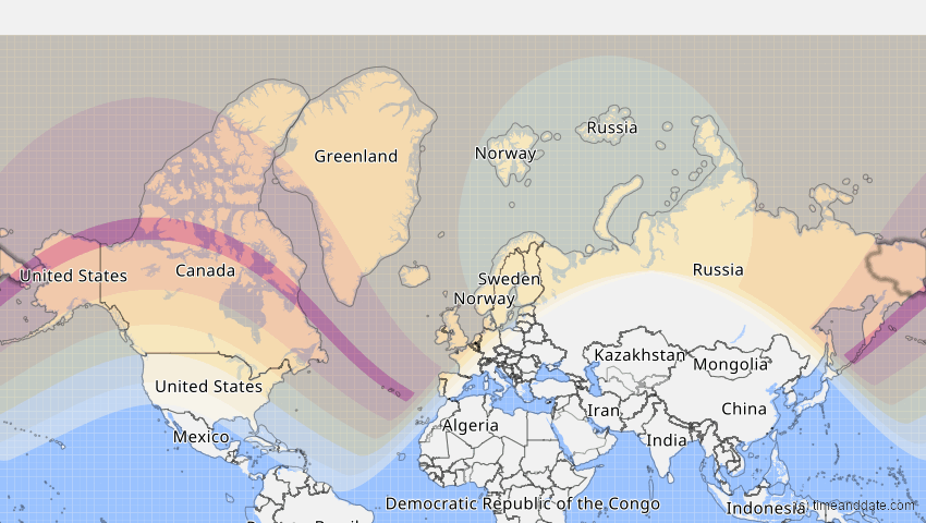 A map of Tschukotka, Russland, showing the path of the 23. Jun 2066 Ringförmige Sonnenfinsternis