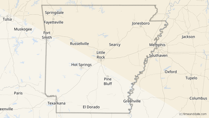 A map of Arkansas, USA, showing the path of the 22. Jun 2066 Ringförmige Sonnenfinsternis