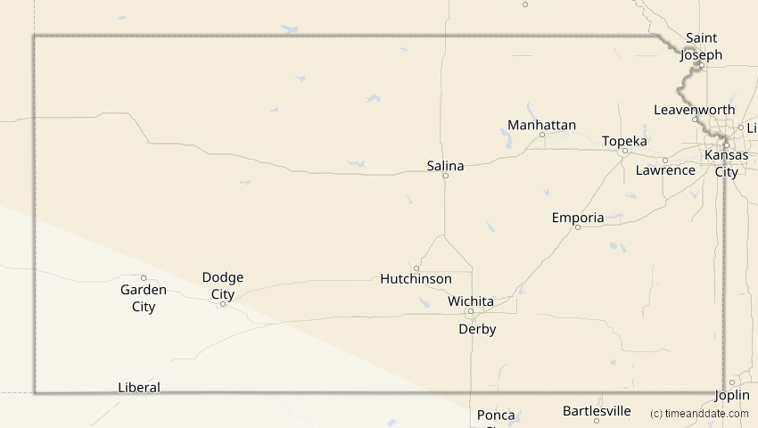 A map of Kansas, USA, showing the path of the 22. Jun 2066 Ringförmige Sonnenfinsternis
