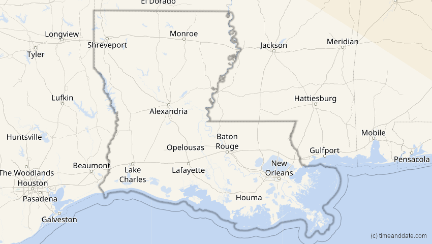 A map of Louisiana, USA, showing the path of the 22. Jun 2066 Ringförmige Sonnenfinsternis