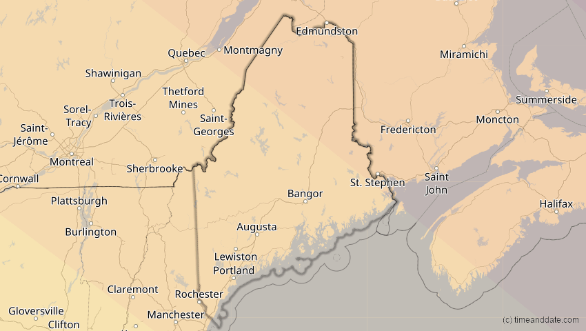 A map of Maine, USA, showing the path of the 22. Jun 2066 Ringförmige Sonnenfinsternis