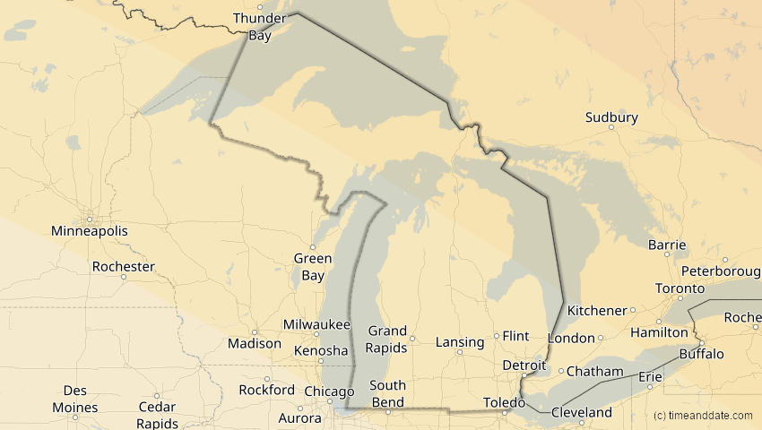 A map of Michigan, USA, showing the path of the 22. Jun 2066 Ringförmige Sonnenfinsternis