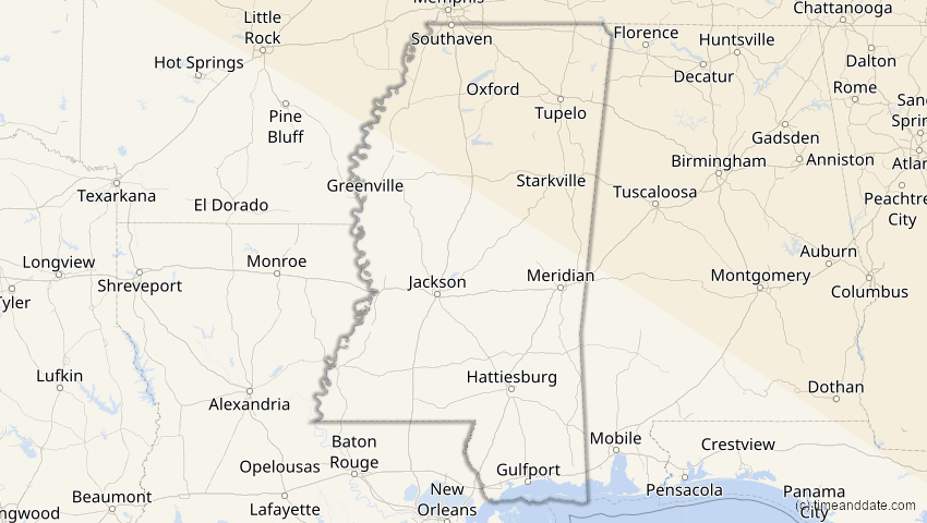A map of Mississippi, USA, showing the path of the 22. Jun 2066 Ringförmige Sonnenfinsternis