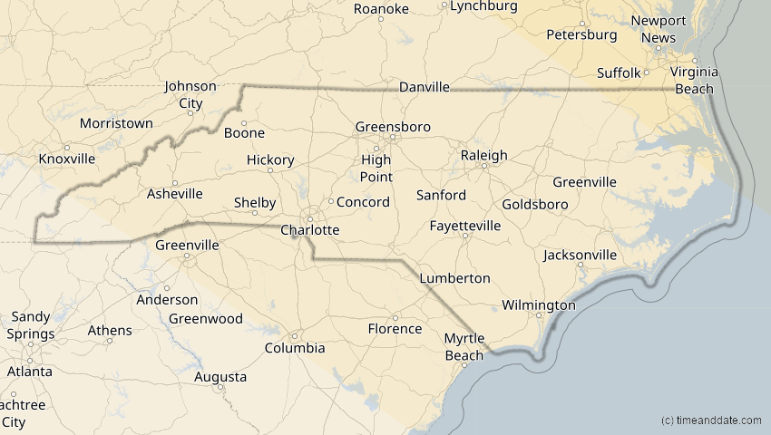 A map of North Carolina, USA, showing the path of the 22. Jun 2066 Ringförmige Sonnenfinsternis