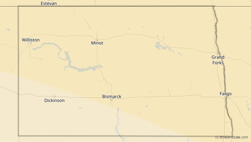 A map of North Dakota, USA, showing the path of the 22. Jun 2066 Ringförmige Sonnenfinsternis